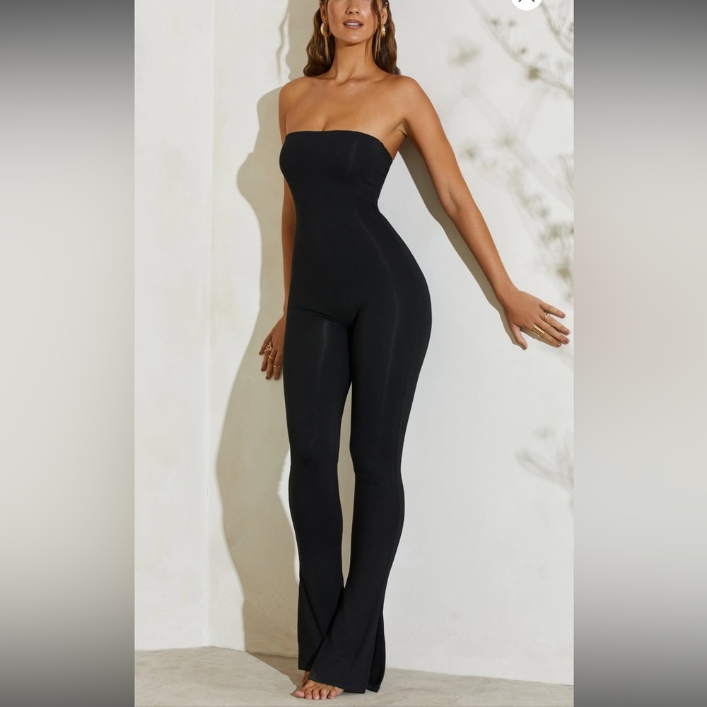 Oh Polly JAMILA Strapless Flared Hem Jumpsuit in Black